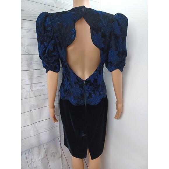 Vtg Scott McClintock Velvet Dress 10 Black Blue Glitter 90s Open Back Scalloped - Picture 6 of 11